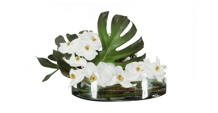 16" Heritage Vase Orchids and Leaf White